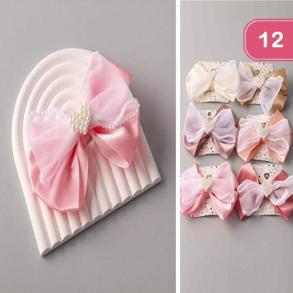 HEART PEARL RIBBON HAIR BOW PIN (12 UNITS)