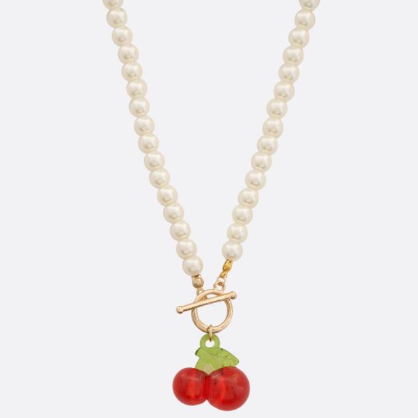 CHERRY PEARL BEAD TOGGLE CLAPS NECKLACE