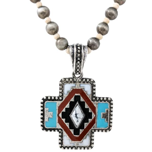 WESTERN STYLE WIDE CROSS PENDANT BEADED NECKLACE