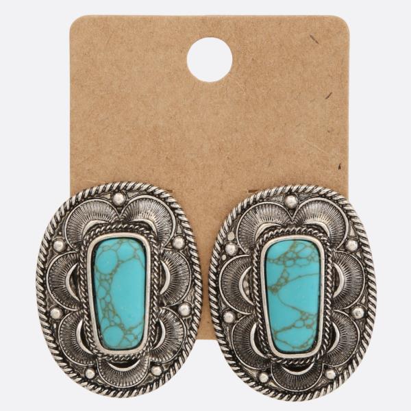 WESTERN STYLE TURQUOISE BEAD OVAL EARRING