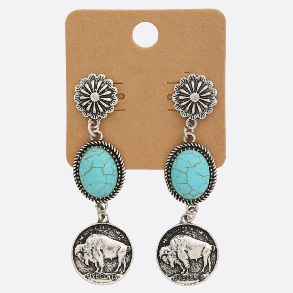 WESTERN STYLE COIN TURQUOISE BEAD DANGLE EARRING