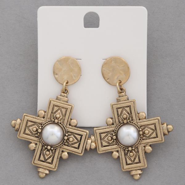 CROSS PEARL BEAD METAL DANGLE EARRING