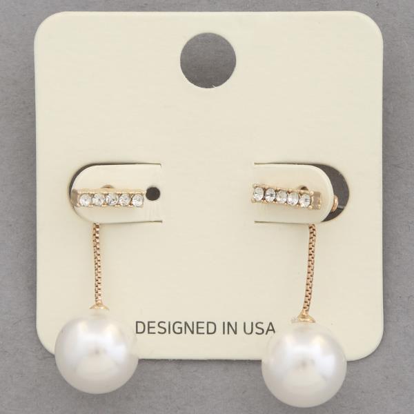 PEARL BEAD RHINESTONE BAR DANGLE EARRING