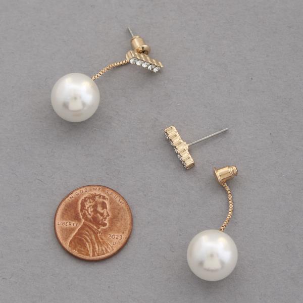 PEARL BEAD RHINESTONE BAR DANGLE EARRING