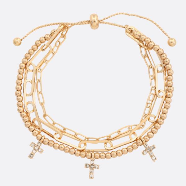 DAINTY CROSS CHARM BEADED LAYERED BRACELET