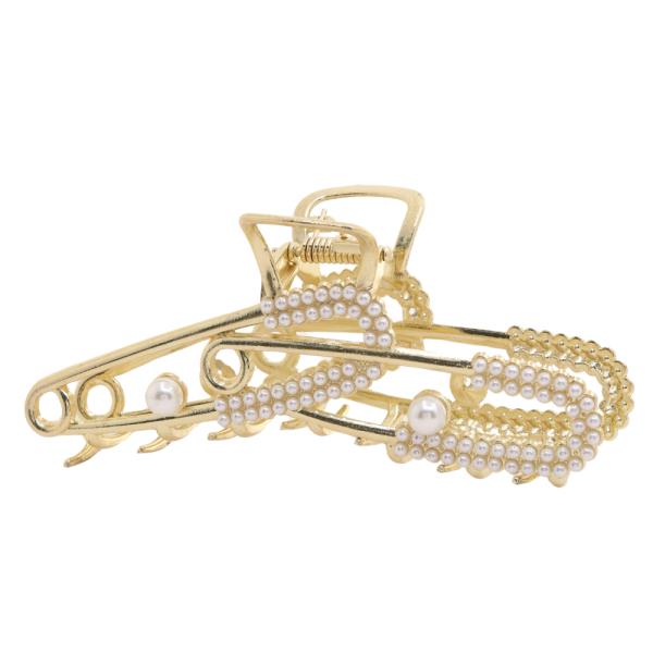 SAFETY PIN LINK PEARL METAL CLAW HAIR CLIP