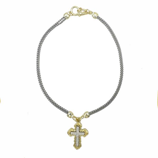 TWO TONE BOX CHAIN CZ CROSS PENDANT NECKLACE