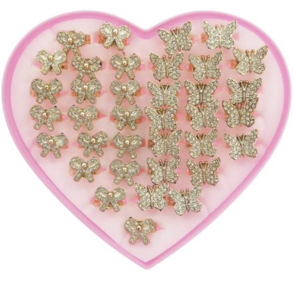 RHINESTONE RIBBON HEART RING 36PC BOX SET