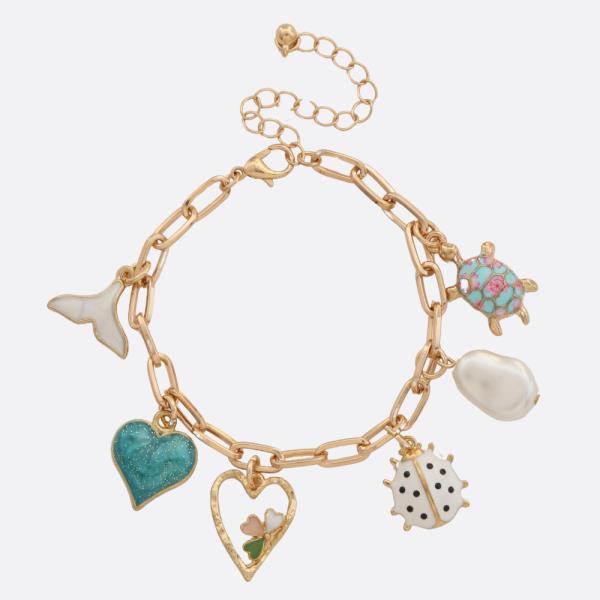 HEART PEARL MULTI CHARM OVAL LINK METAL BRACELET