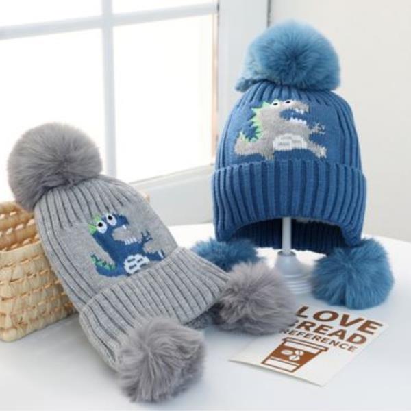 (ONLINE ONLY) DINOSAUR DESIGN KIDS BEANIE WITH POMPOM (12 UNITS)