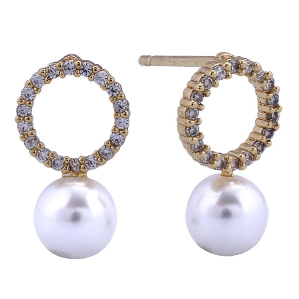 14K GOLD/WHITE GOLD DIPPED OPEN RING PEARL STUD EARRINGS