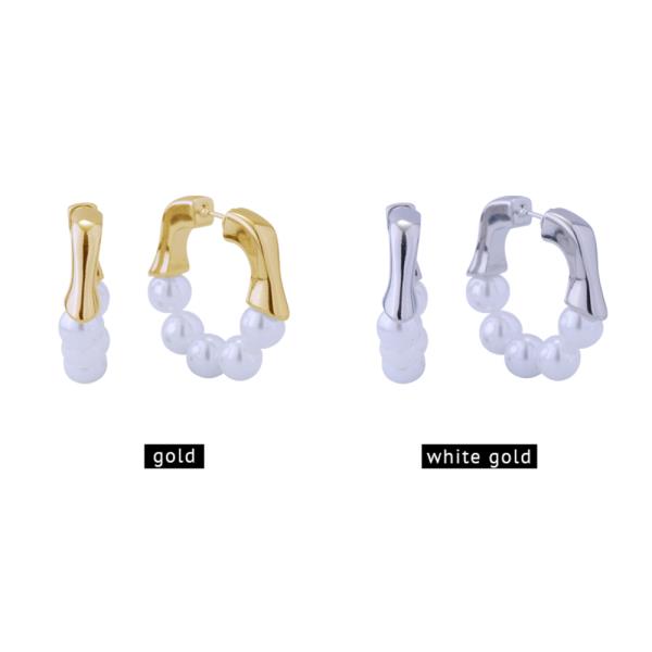 14K GOLD/WHITE GOLD DIPPED WAVY PEARL HOOP HUGGIE EARRINGS