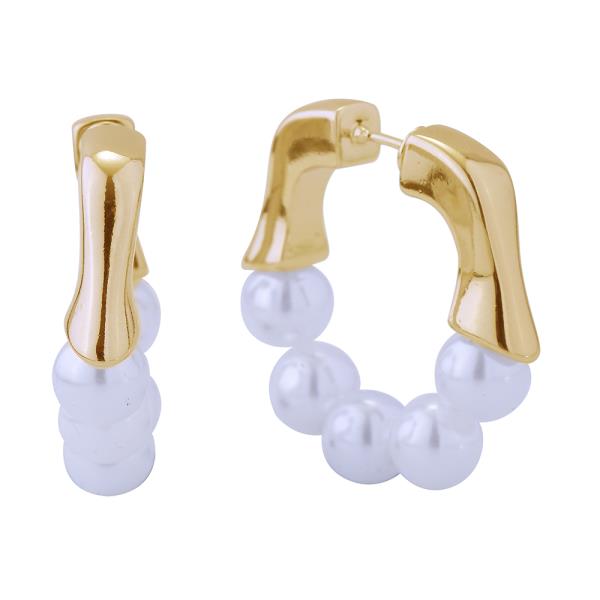 14K GOLD/WHITE GOLD DIPPED WAVY PEARL HOOP HUGGIE EARRINGS