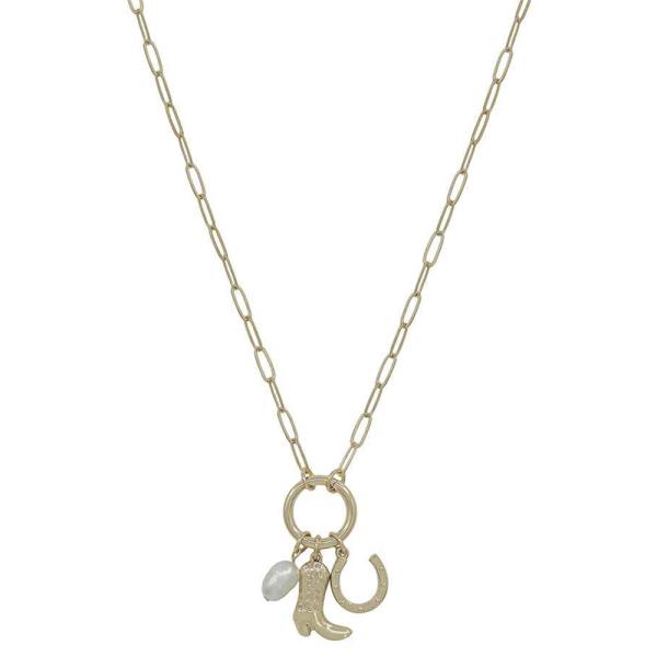 COWBOY BOOT, FRESH-WATER PEARL, HORSESHOE MULTI  CHARMS SHORT NECKLACE