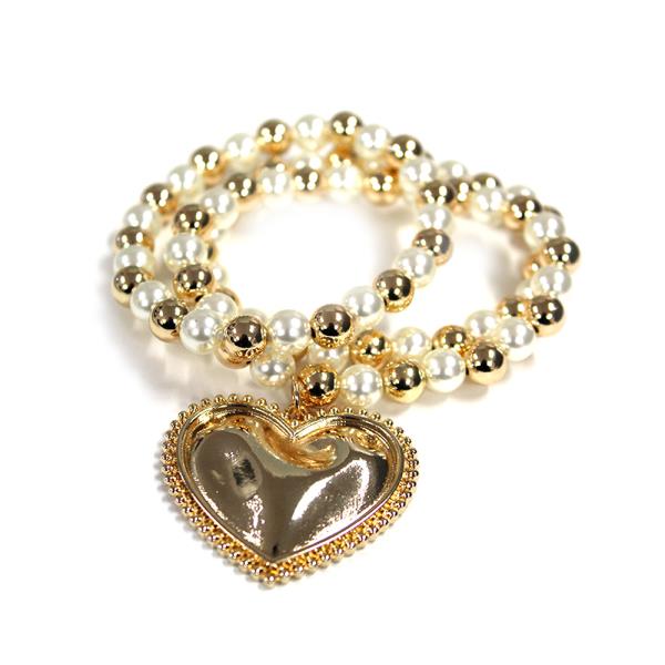 PEARL METAL HEART CHARM STRETCH BRACELET