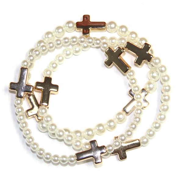 PEARL CROSS METAL STRETCH BRACELET SET