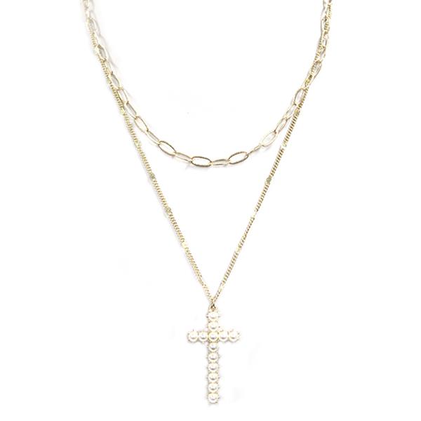 PEARL CROSS PENDANT LAYERED NECKLACE