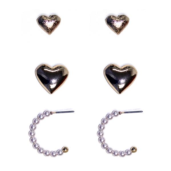 HEART STUD PEARL HOOP EARRING 3 PAIR SET