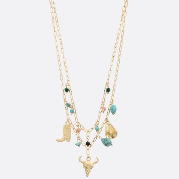 WESTERN STYLE MULTI CHARM TURQUOISE BEAD LAYERED NECKLACE