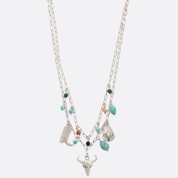 WESTERN STYLE MULTI CHARM TURQUOISE BEAD LAYERED NECKLACE