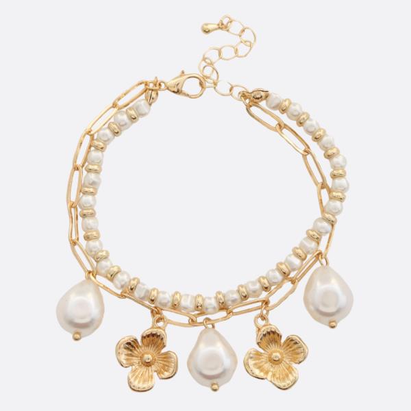 FLOWER CHARM PEARL BEAD BEADED LAYERED BRACELET