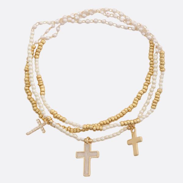 CROSS CHARM PEARL BEADED BRACELET