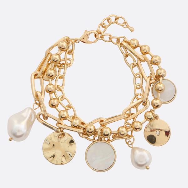 MOTHER OF PEARL COIN BALL BEAD LAYERED BRACELET