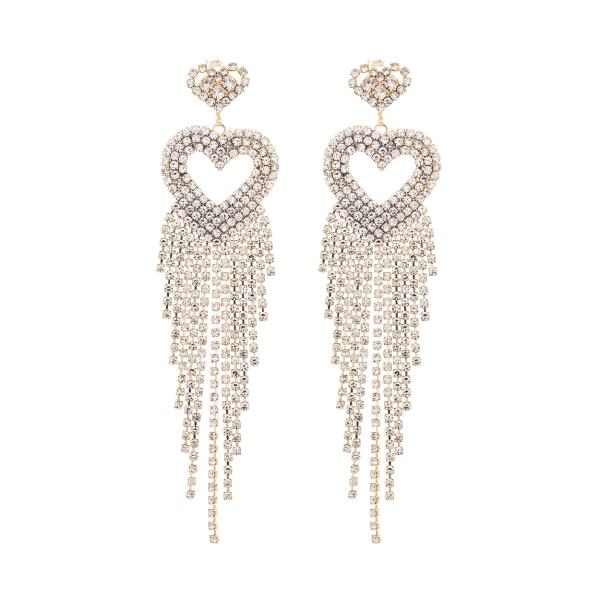 RHINESTONE DOUBLE HEART TASSEL EARRING