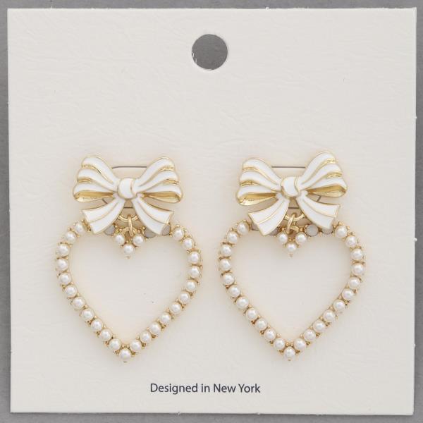 BOW PEARL BEAD HEART EARRING