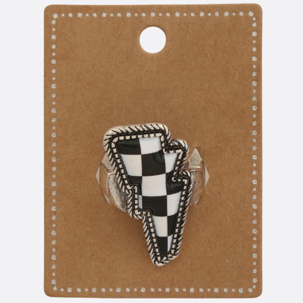 WESTERN STYLE CHECKERED PATTERN LIGHTNING BOLT RING