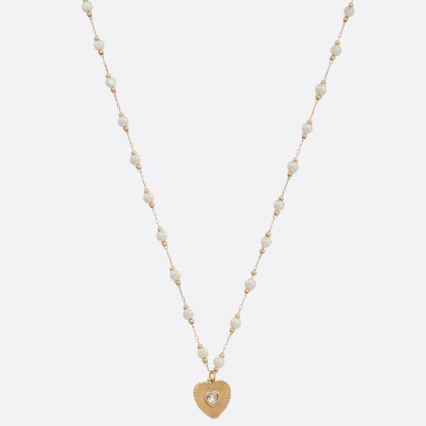 HEART CHARM PEARL BEAD NECKLACE