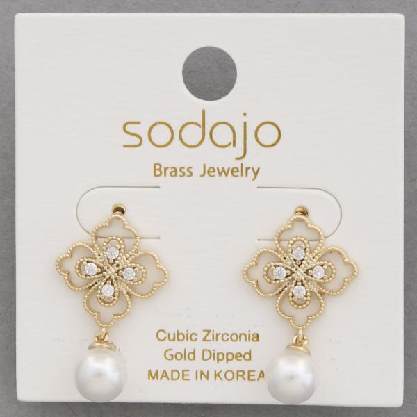 SODAJO CZ FLOWER PEARL BEAD GOLD DIPPED EARRING