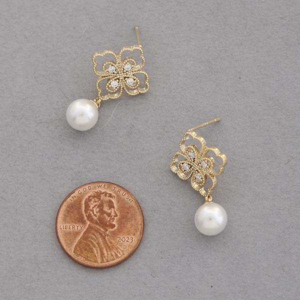 SODAJO CZ FLOWER PEARL BEAD GOLD DIPPED EARRING