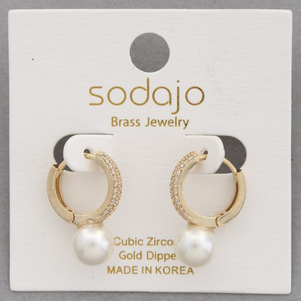 SODAJO PEARL BEAD CZ GOLD DIPPED HOOP EARRING