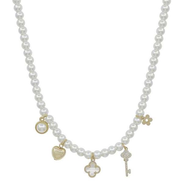 6MM GLASS PEARL BODY CLOVER, HEART, KEY AND FLOWER MULTI CHARMS SHORT NECKLACE