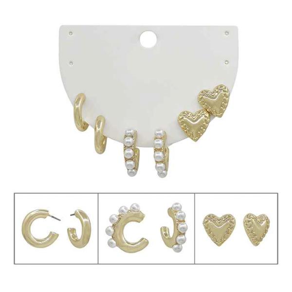 3 SET PEARL HOOP & HEART  METAL SET EARRING