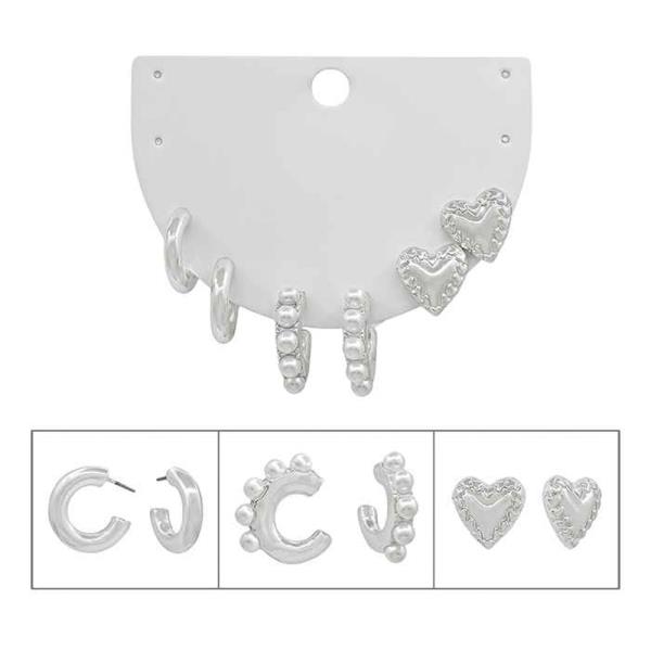 3 SET PEARL HOOP & HEART  METAL SET EARRING