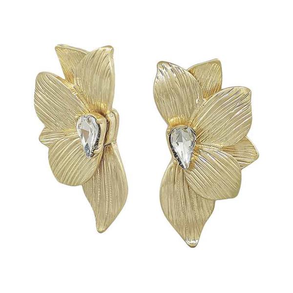 FLOWER SHAPE TEXTURED METAL WITH CRYSTAL ACCENT POST  EARRING