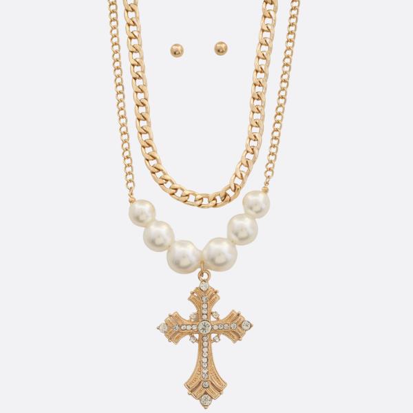 CROSS RHINESTONE PEARL BEAD CURB LINK LAYERED METAL NECKLACE