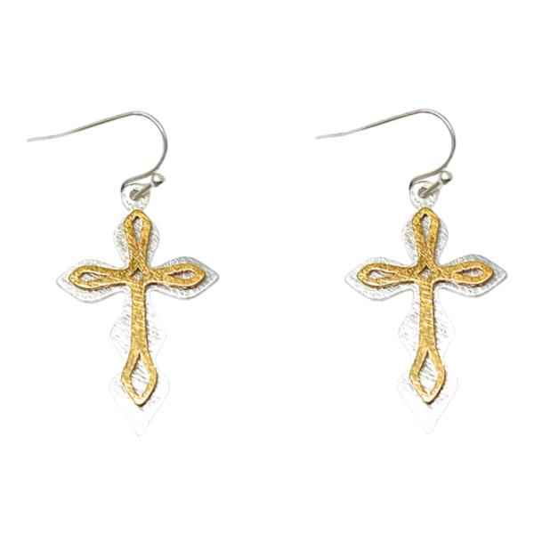 TWO TONE CROSS METAL DANGLE EARRING