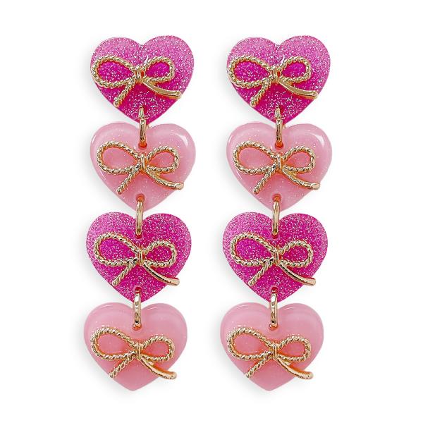 VDAY ACETATE HEART BOW TIERED EARRING