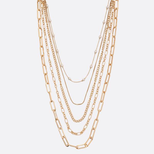 PEARL BEAD OVAL LINK LAYERED METAL NECKLACE