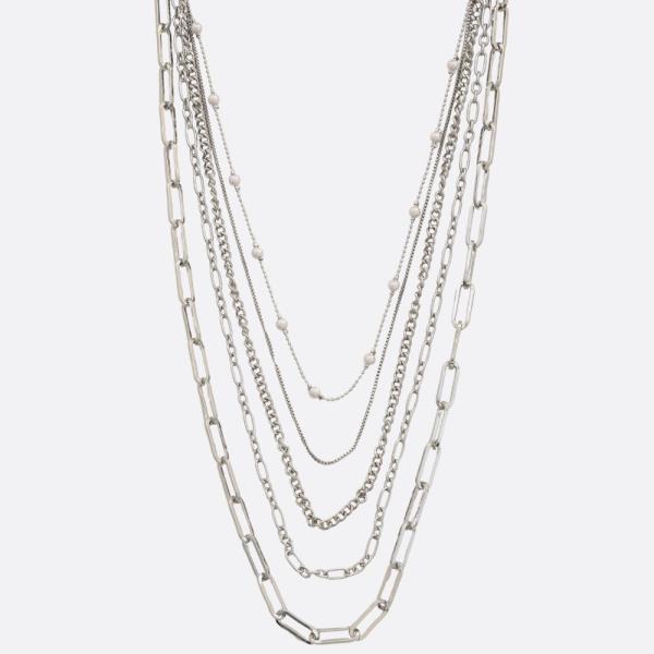 PEARL BEAD OVAL LINK LAYERED METAL NECKLACE