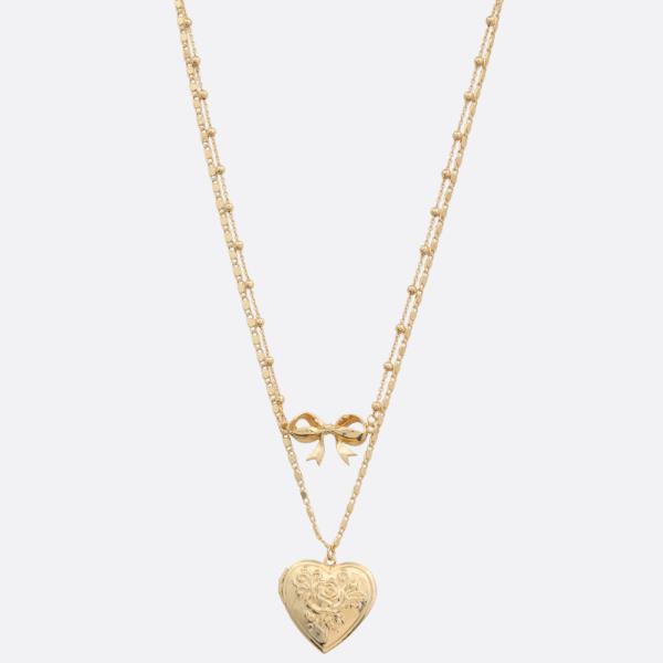 FILIGREE PATTERN HEART BOW CHARM LAYERED NECKLACE