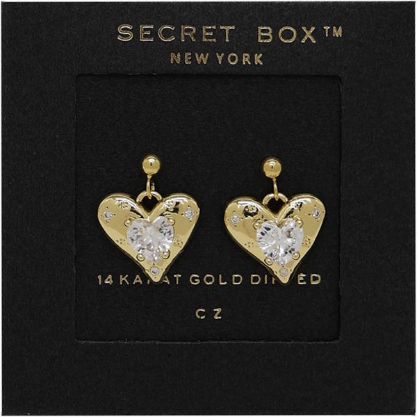 SECRET BOX GOLD DIPPED HEART CUBIC PAVED EARRING