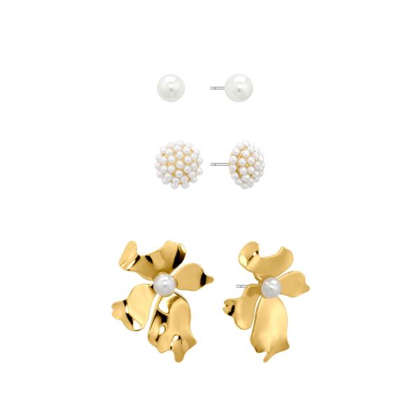 METAL FLOWER PEARL STUD EARRING 3 PAIR SET