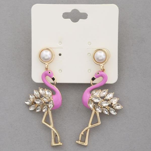 FLAMINGO RHINESTONE METAL DANGLE EARRING