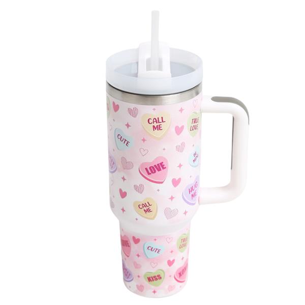 CANDY HEART 40 oz TUMBLER W/HANDLE DOUBLE WALL STAINLESS STEEL