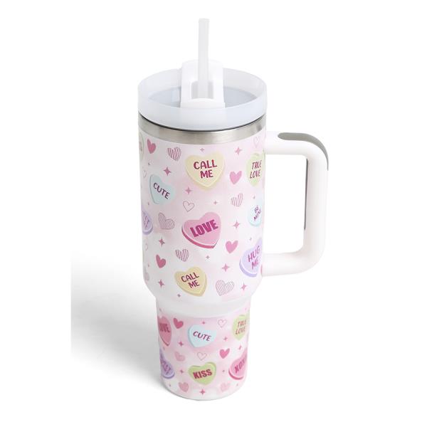 CANDY HEART 40 oz TUMBLER W/HANDLE DOUBLE WALL STAINLESS STEEL