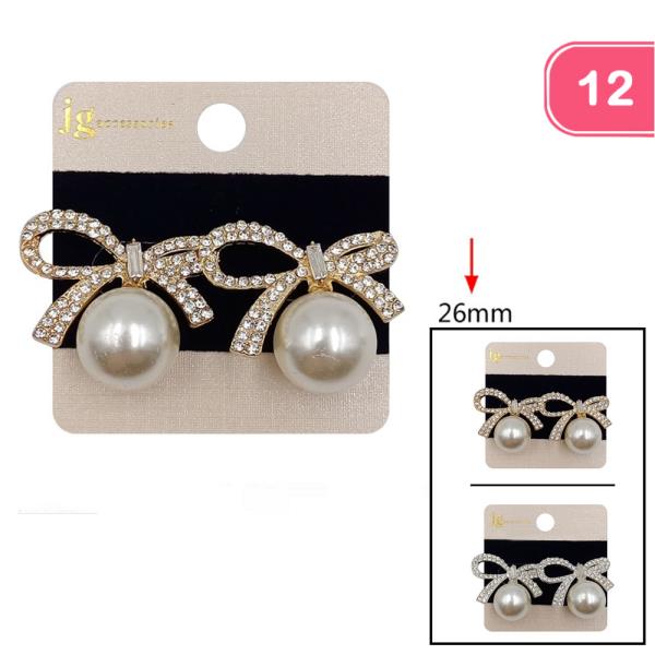 RHINESTONE RIBBON PEARL EARRING (12 UNITS)